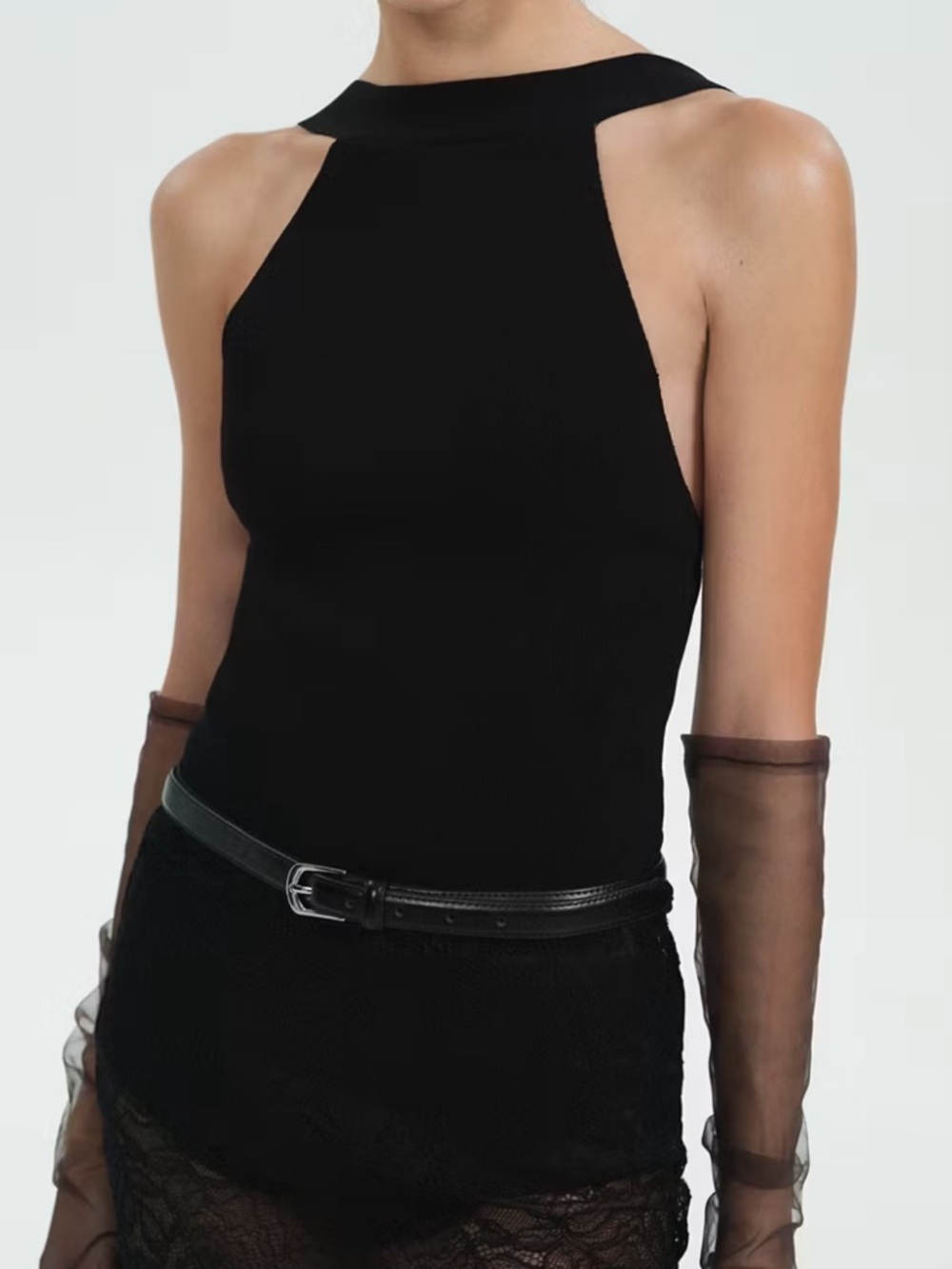 Mango Black Ribbed Halter Bodysuit